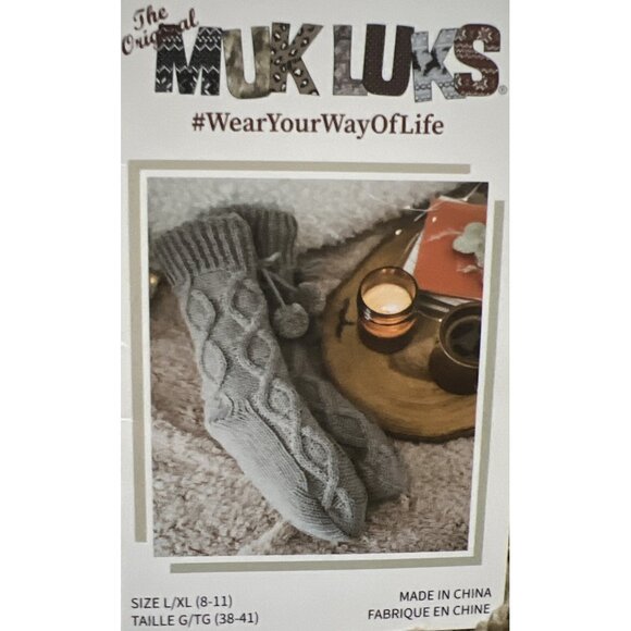 Muk Luks Knit Cabin Slipper Cable Socks Faux Sherpa Lining L/XL NWT ~ Gray - Picture 2 of 5